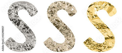 Isolated Font English or Latin Letter S made of crumpled titanium, silver, gold foil on white background