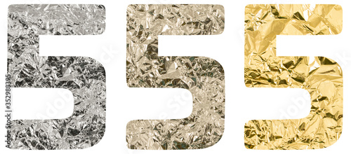 Isolated Font number 5 one made of crumpled titanium, silver, gold foil on white background