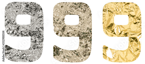 Isolated Font number 9 one made of crumpled titanium, silver, gold foil on white background