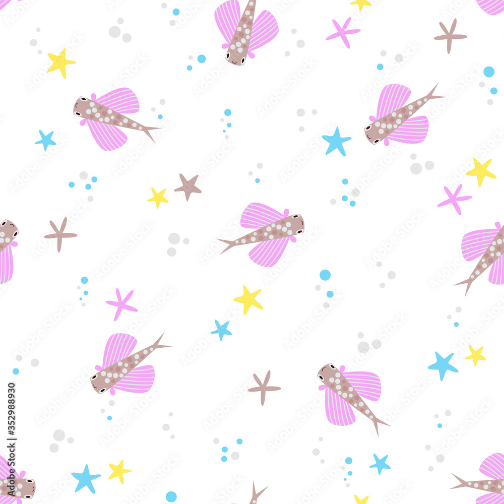 Cute sea seamless vector pattern with tropical fish