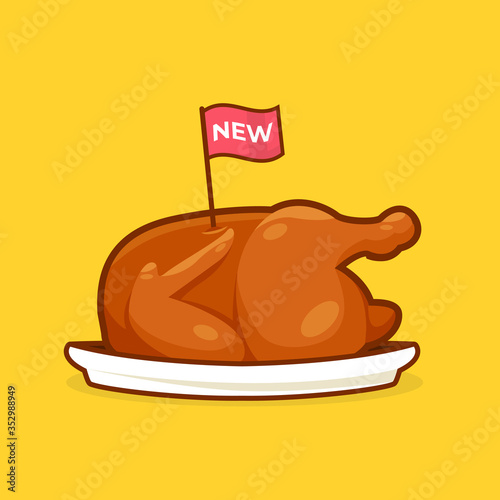 rotisserie chicken on white plate. flag label stick. logo restaurant or promotion. cartoon vector illustration