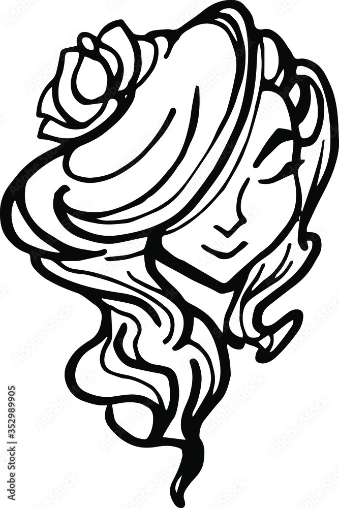 Young Girl with Long Hair Sketch. Beautiful Woman Face. Female Portrait Vector Fashion and Beauty illustration. Isolated outline, line, contour. Young Girl with Long Hair Sketch. Beautiful Woman Face. Female Portrait Vector Fashion and Beauty illustration. Isolated outline, line, contour.