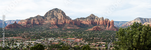 Panoramic overlook of Sedona Arizona with Capitol Butte and Coffeepot Rock in the backbround