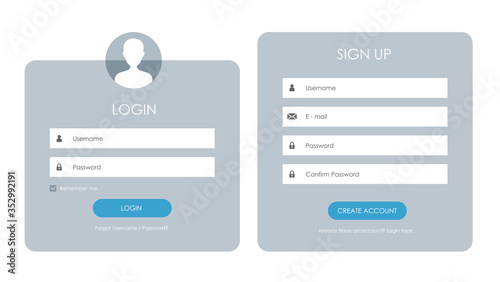 Registration form and login form page. Vector template for your design. Website ui concept. photo