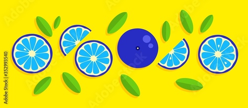 Orange background. Orange tangerine grapefruit lemon lime on a yellow background. Vector abstract illustration of summer fruits and citrus. Citrus icons and silhouettes. Original creative fruits