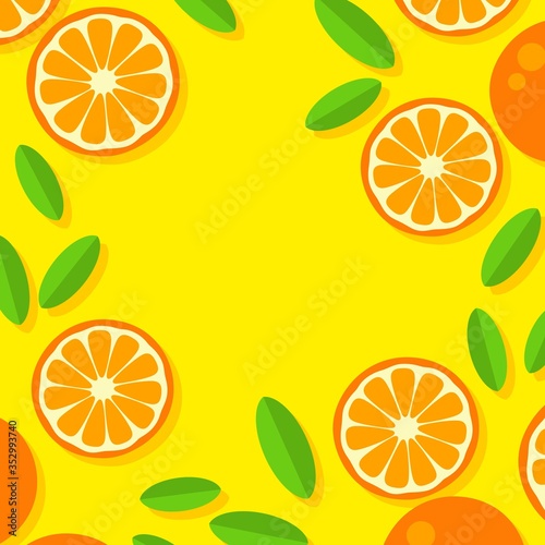Orange background. Orange tangerine grapefruit lemon lime on a yellow background. Vector illustration of summer fruits and citrus. Citrus icons and silhouettes. Cute painted oranges. Tropical fruits
