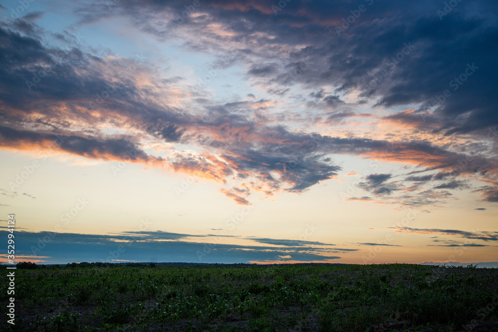 Cloudy sunset over fields summer evening photo