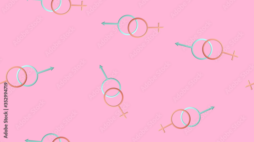 Endless seamless pattern of beautiful festive love symbols of the sexes of man and woman on a pink background. Vector illustration