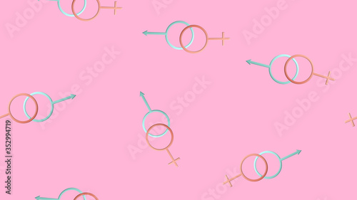 Endless seamless pattern of beautiful festive love symbols of the sexes of man and woman on a pink background. Vector illustration