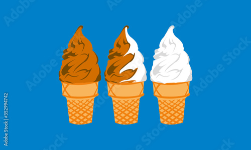 Twist cone ice cream, vanilla, chocolate and combined, orange cone, vector, wafer