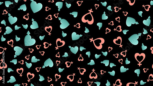Endless seamless pattern of beautiful festive love symbols of female and male sexes in a heart on a black background. Vector illustration