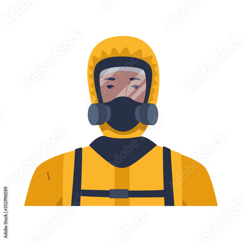 worker wearing biosafety suit yellow