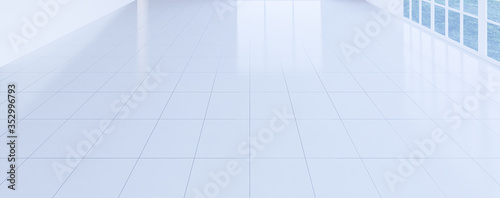 3d rendering of white tile floor with grid line and shiny reflection with clear glass door in perspective view, clean and new condition use to background.