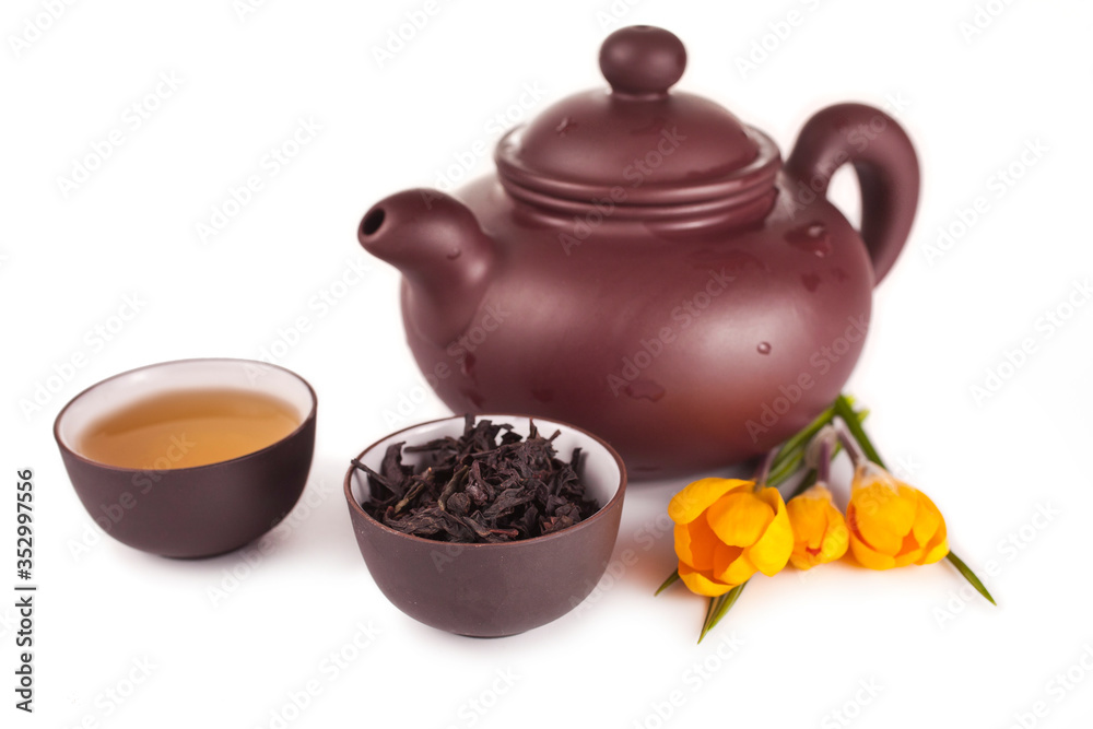 Chinese tea in a cup and clay teapot with crocus flowers isolated on a white background.