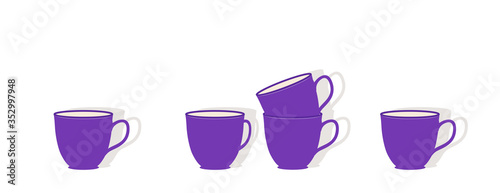 Tassen Gruppe Dekoration, 
lila Kaffee-, Kakao- oder Cappuccino-Tassen Hintergrund,
Grafik Illustration isoliert auf weißem Hintergrund
