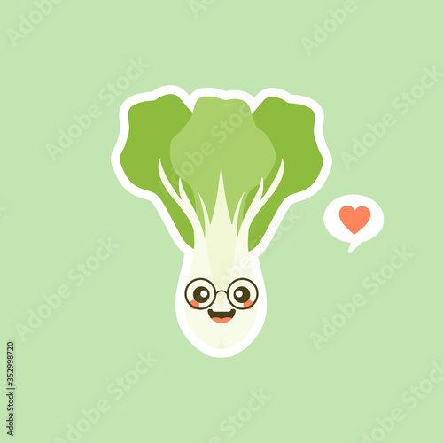 cute and kawaii bok choi, also pak-choi cabbage vector illustration in cartoon flat style isolated on color background. Chinese kale. bok choy character