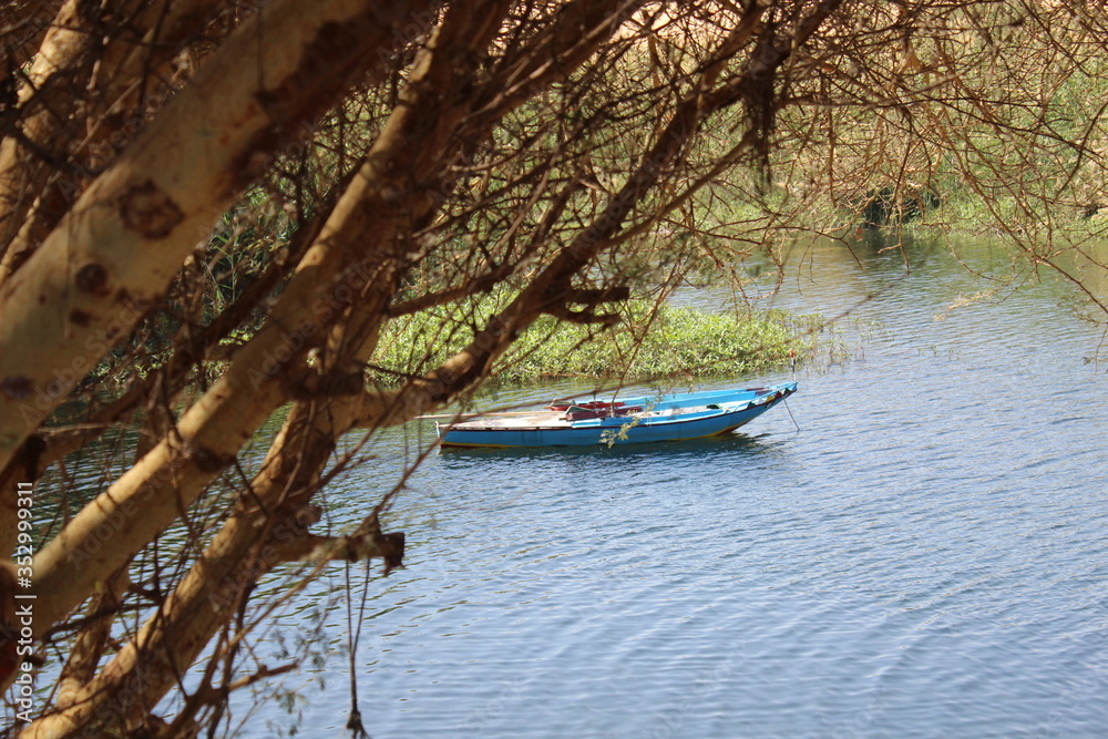 Aswan Salouga and Ghazala protected area with water and small boats in the middle of green trees and water