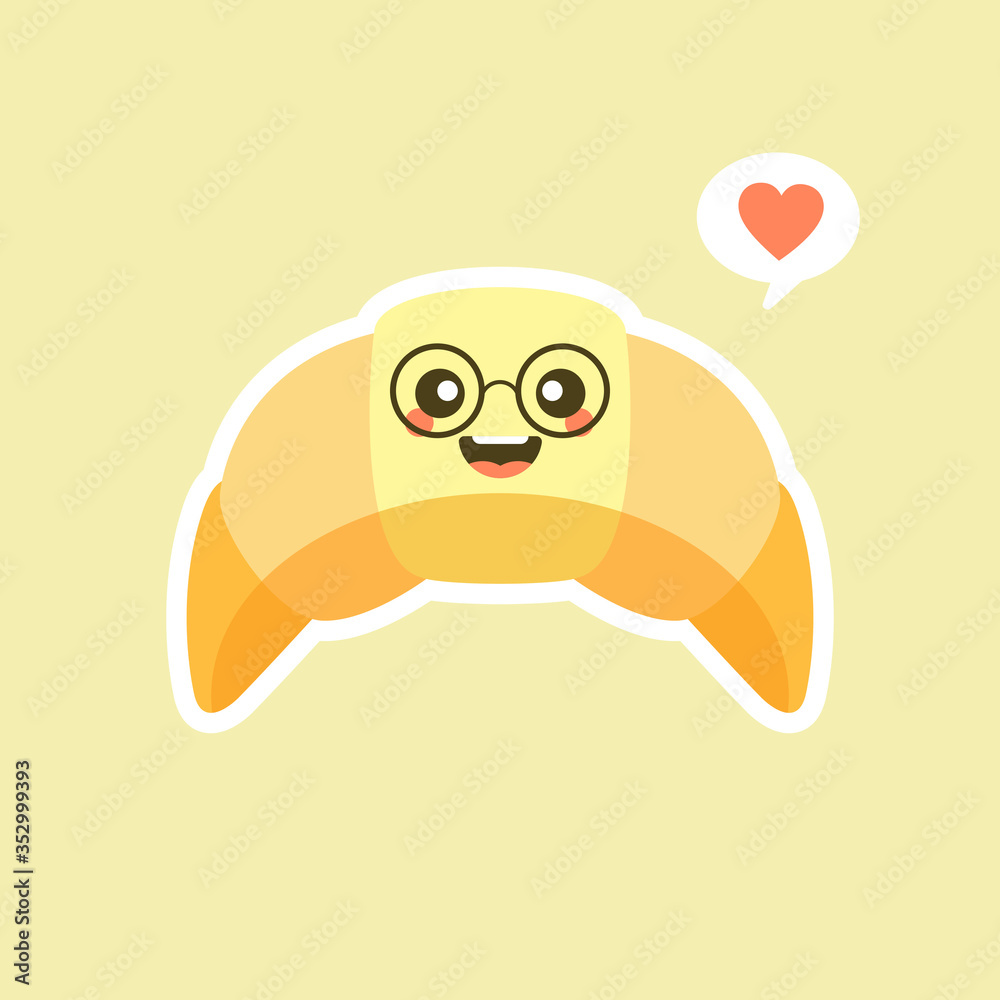 Cute smiling croissant character, cartoon funny dessert vector Illustration