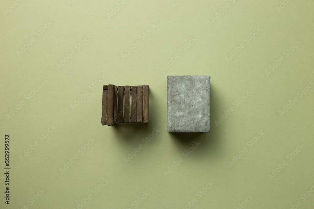 Old school desk and chair on khaki green background. top view, copy space Old school desk and chair on khaki green background. top view, copy space