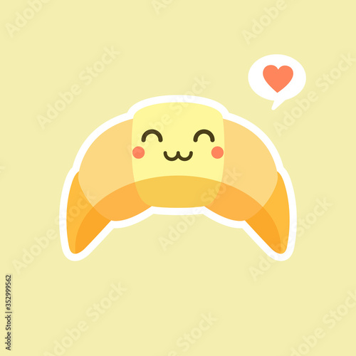 Cute and happy croissant vector cartoon character isolated on a color background.