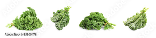 Set of fresh green kale leaves on white background. Banner design photo