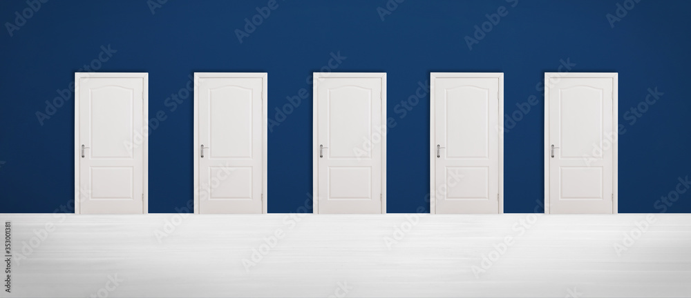 Many closed doors in room. Concept of choice - obrazy, fototapety, plakaty 