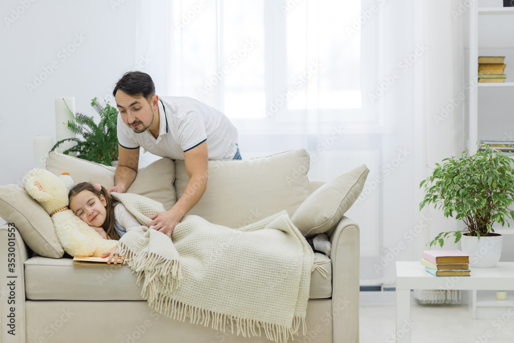 Father made her daughter sleep on sofa. Father made her daughter sleep on sofa.