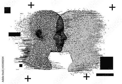 Alter ego concept, alternative self. Person and its doppelganger or twin, dissociative identity disorder.