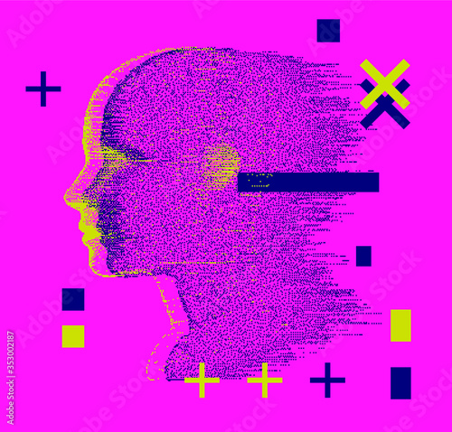 Artificial intelligence and Psychological profiling concept. Human head with glitched pixels, distorted profile of a woman made of square particles.