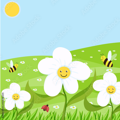 spring background with daisies on the field and blue sky. vector illustration for a banner or cover