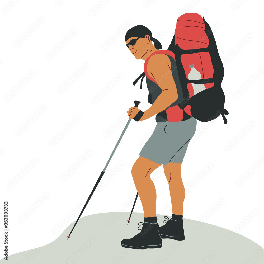 Climber with a tourist backpack and sticks on the top of the mountain. Hiking, vector flat illustration.