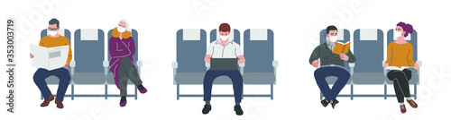 Passengers of the plane in masks. Social distancing in the cabin for prevention of coronavirus, covid-19. Flights during the quarantine. Vector flat illustration.