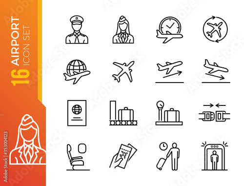 Airport Vector Line Icons. Air Transportation, Air Travel, Tickets, Baggage Claim, Takeoff and Landing of Aircraft