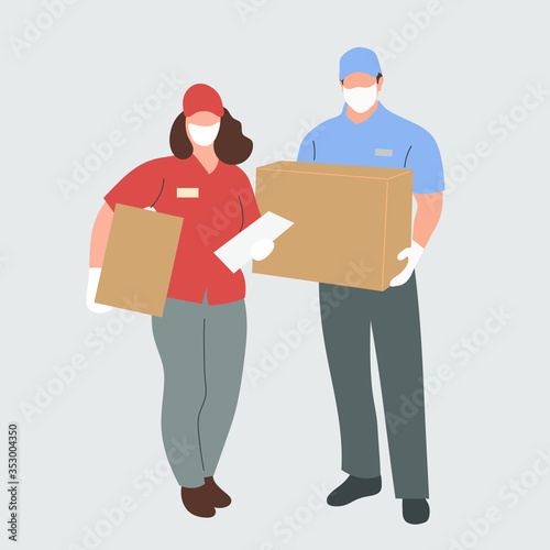 two couriers in face masks, a man and a woman. Shipping during the quarantine. Prevention of coronavirus, covid-19. Vector flat illustration.