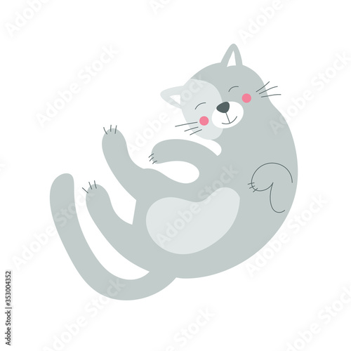 a grey happy cat sleeps on its back on a white background. Flat vector illustration.