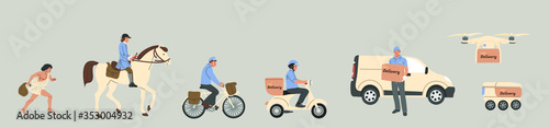 Evolution of delivery. Deliverer of goods in different epochs from ancient to modern. Horizontal vector flat illustration.