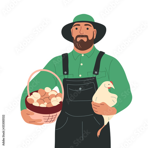 A farmer with a chicken and a basket of eggs in his hands. Vector flat illustration on a white background.