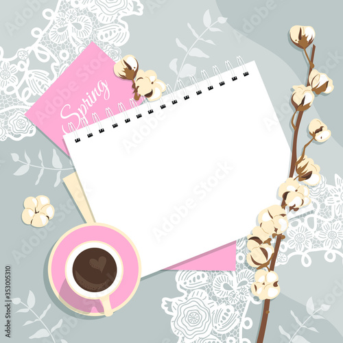women's business frame. Delicate spring flatlay in pink and beige with a branch of cotton and a Cup of coffee on a lace background.