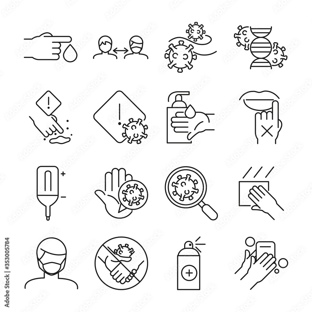 Fototapeta premium Medical care and covid 19 virus line style icon set vector design