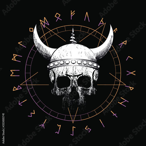 T-shirt vector design of a viking skull over an inverted star and runic characters isolated on black