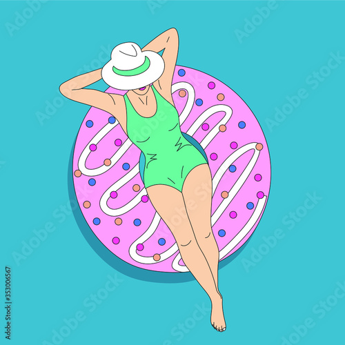 a girl in a turquoise swimsuit and hat is sunbathing in the pool on an inflatable cookie. The view from the top. Vector illustration.