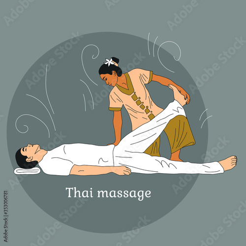 Thai woman doing Thai massage for a man. Spa in Thailand. Vector illustration. Grey background with a round frame.