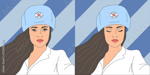 Russian girl in a typical Soviet military cap with open and closed eyes. Can be used for animation.