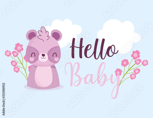 baby shower hello raccoon flowers celebration, welcome invitation template