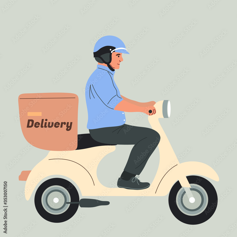 courier in a helmet on a moped with the goods. Eco-friendly retro delivery. courier in a helmet on a moped with the goods. Eco-friendly retro delivery.