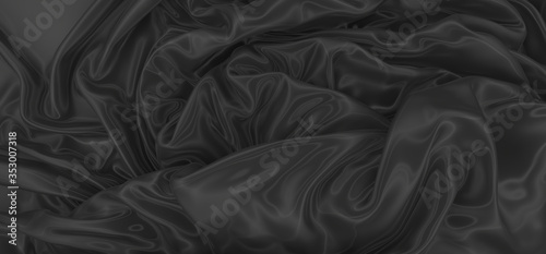 Beautiful flowing fabric of black wavy silk or satin. 3d rendering image.