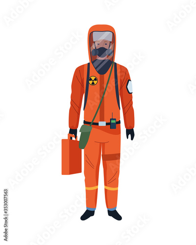 worker wearing biosafety suit orange