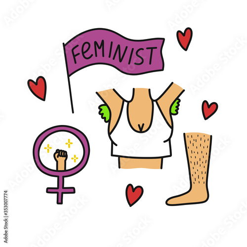 feminism doodle icons set, vector illustration