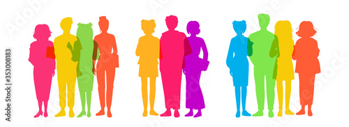 People overlay colorful business, student bright flat silhouette groups. Multicolored, group young man, womans casual clothes. Different nations representatives, gadgets in hand. Vector illustration