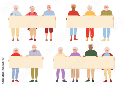 Elderly group old people holding blank banner cartoon set. Grandparents taking part in parade. Different nations representatives people, retirement age, protesters activists. Vector illustration